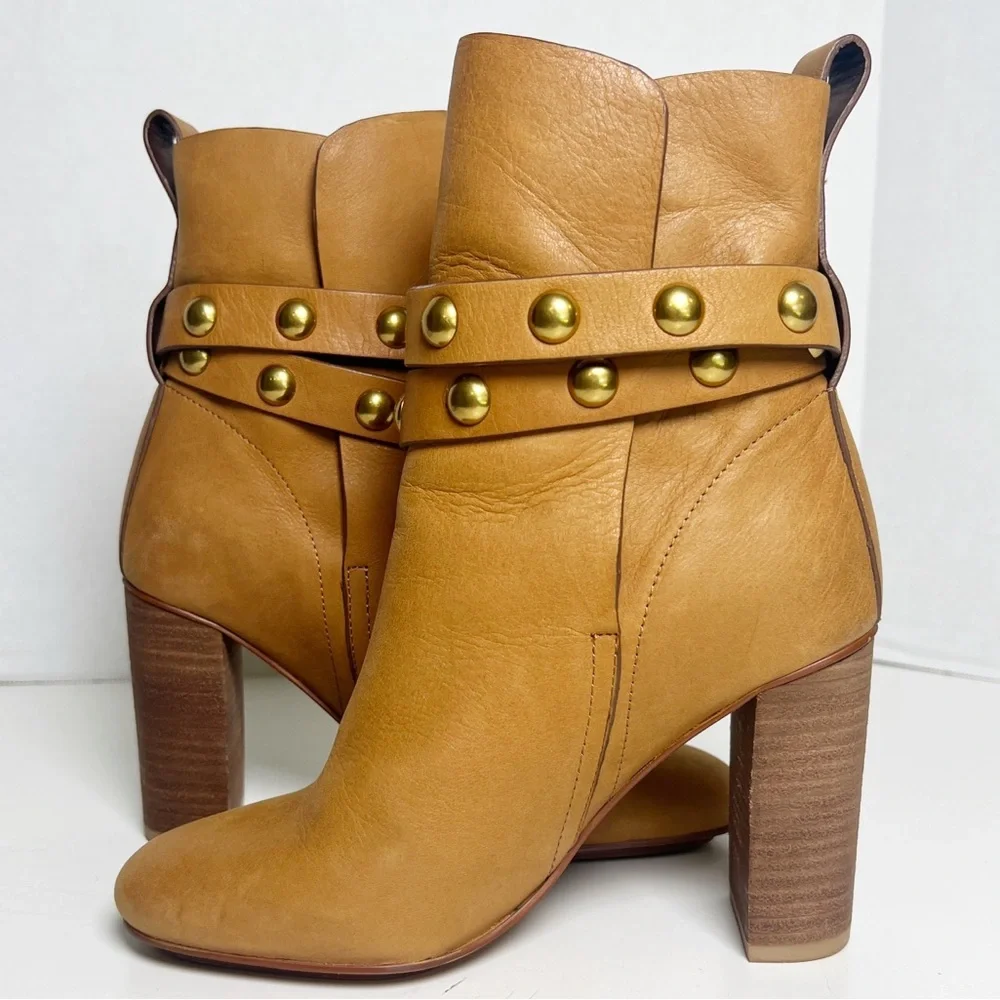•SEE BY CHLOE• Janis Heeled Bootie in Brown Leather Gold Studded Size EU 35/US 5